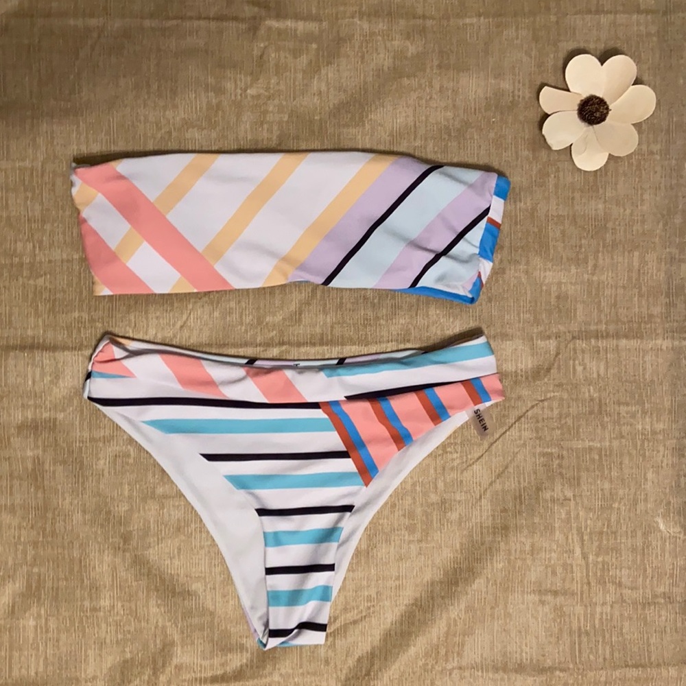 striped Bando top and high waisted bottoms.